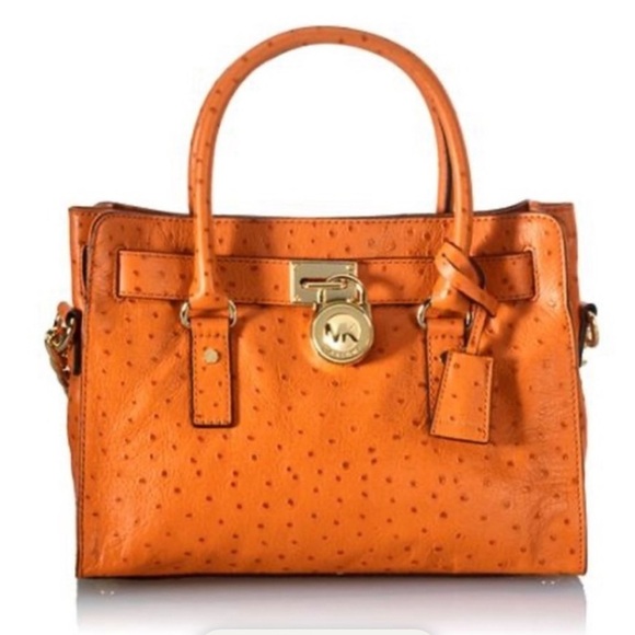 Michael Kors Handbags - MICHAEL KORS Orange Hamilton Ostrich Embossed Leather Satchel Handbag, Rare. EUC